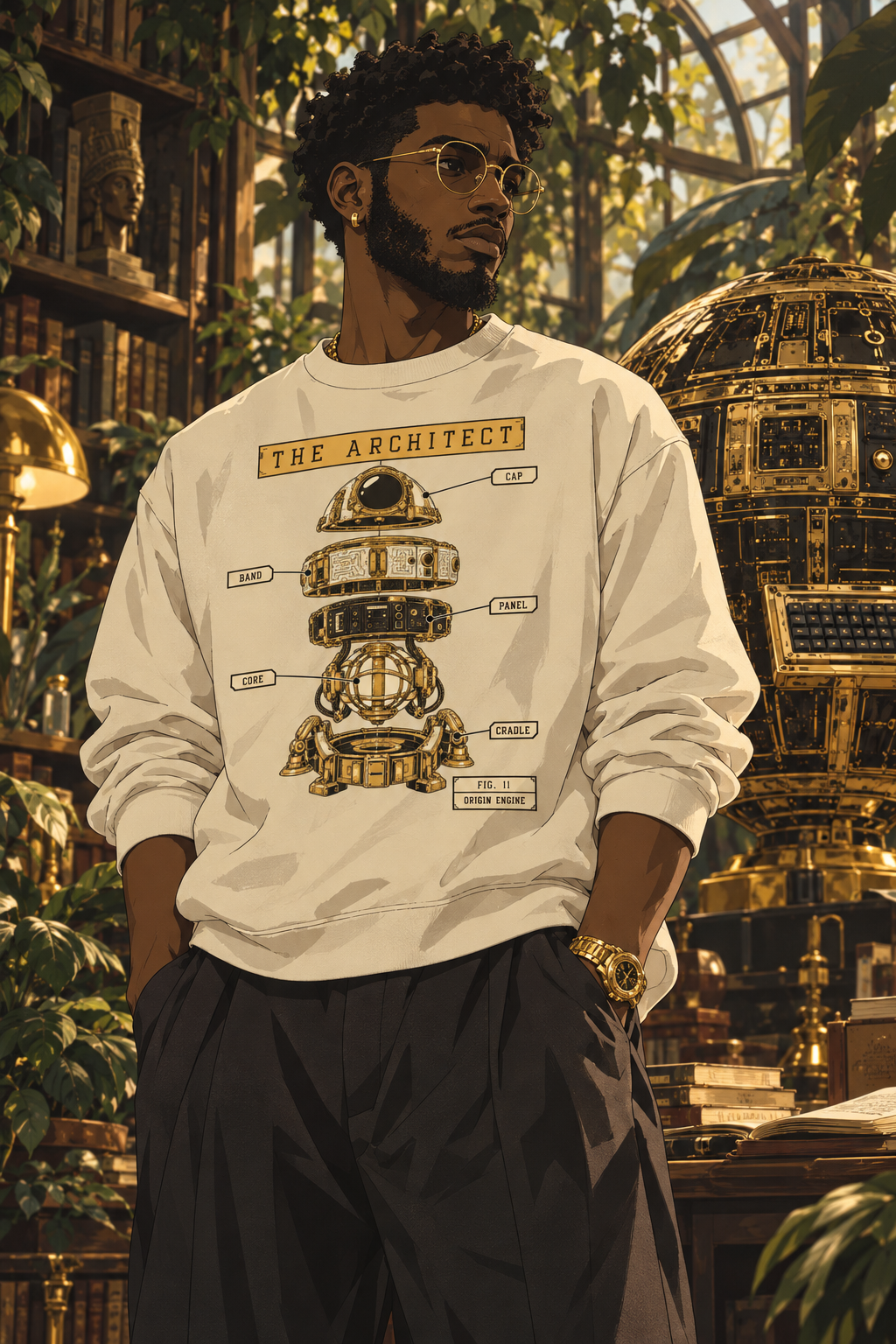 Look 07, Architecture: illustration of a cream crewneck, front print, from the Astralquest Winter 2026 lookbook.