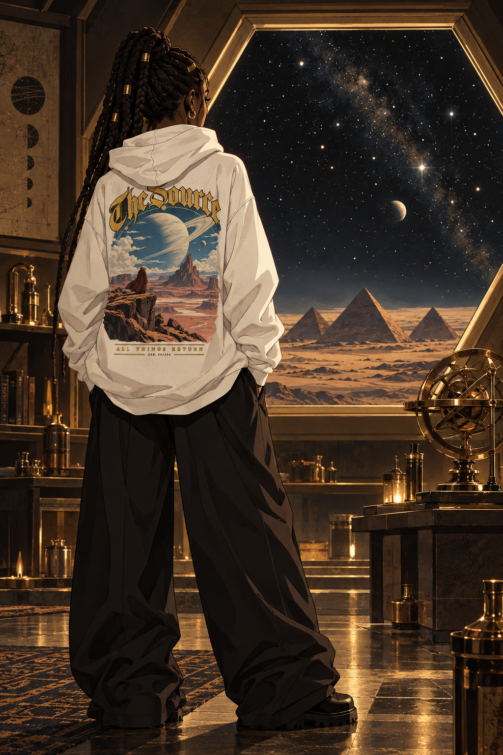 Look 06, All Things Return: illustration of a white hoodie, back print, from the Astralquest Winter 2026 lookbook.