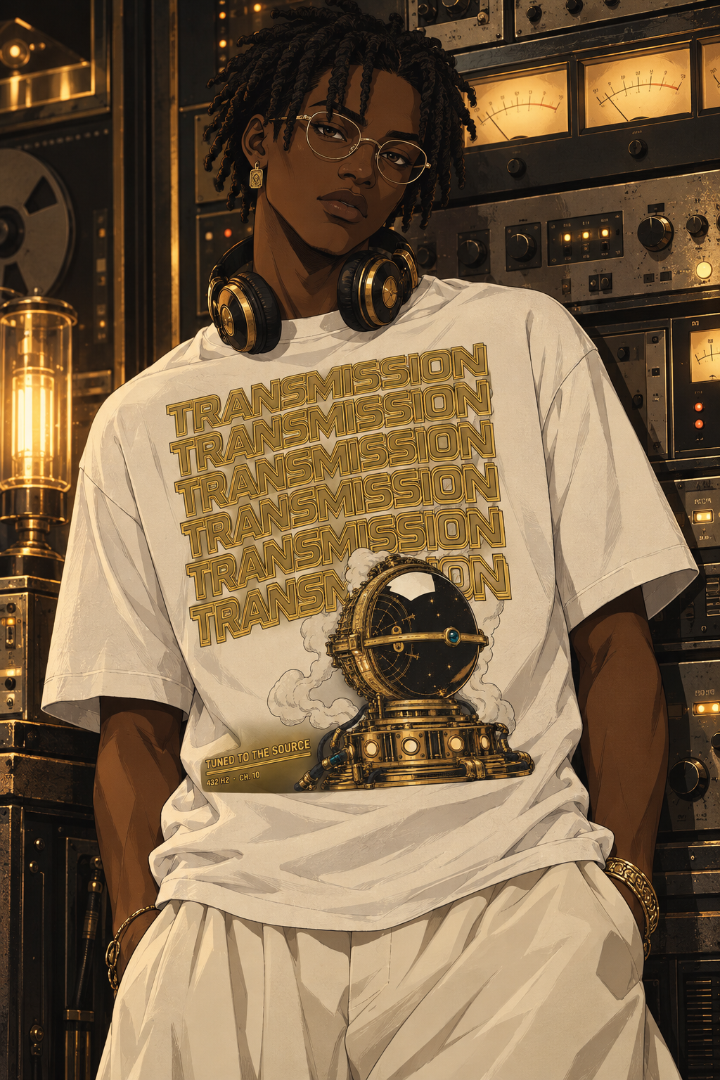 Look 15, Transmission: illustration of a white tee, front print, from the Astralquest Winter 2026 lookbook.