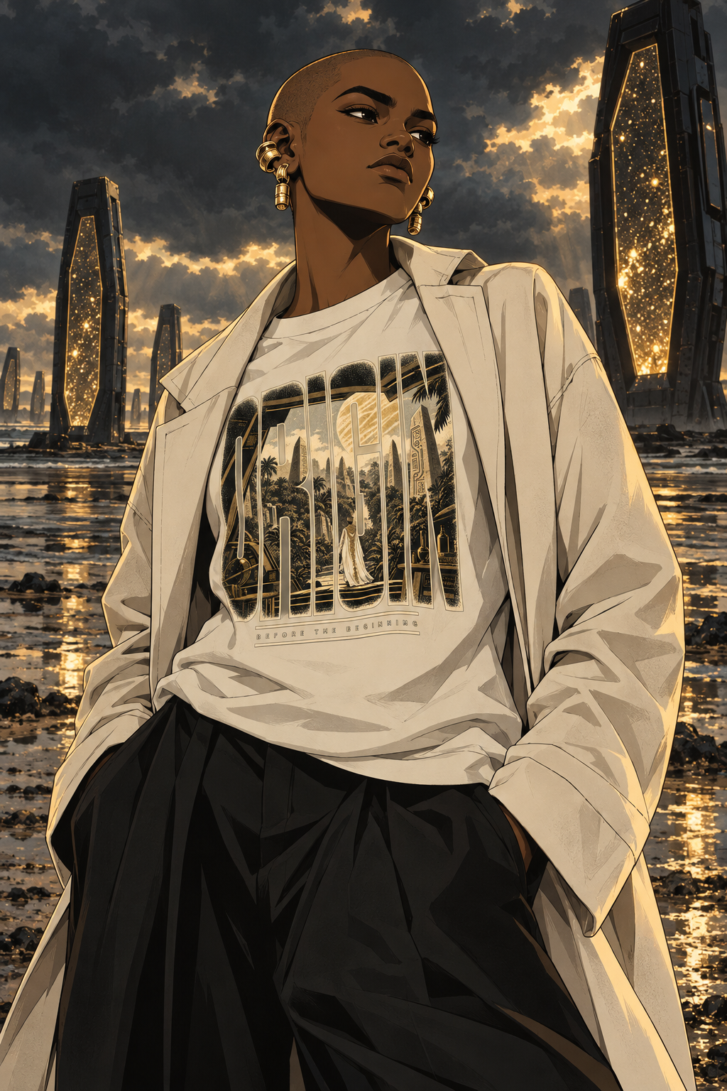 Look 14, Origin: illustration of a vintage white tee, front print, from the Astralquest Winter 2026 lookbook.