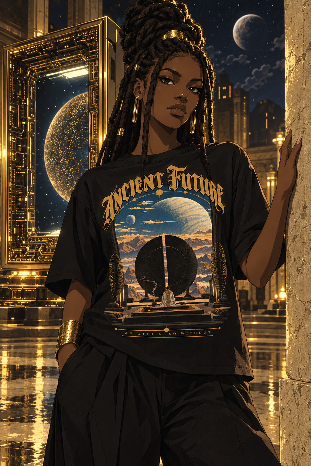 Look 13, Ancient Future: illustration of a black tee, front print, from the Astralquest Winter 2026 lookbook.