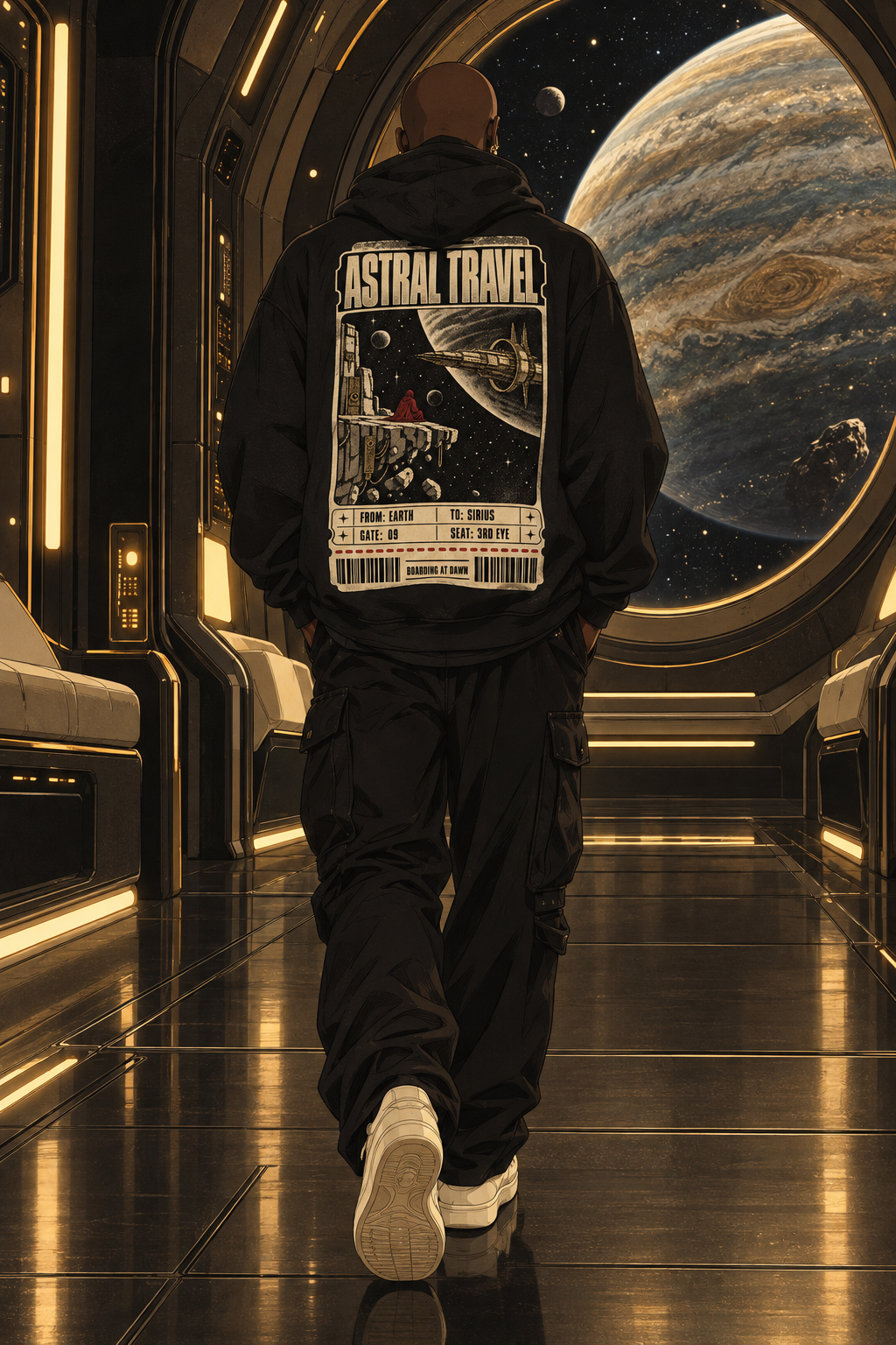Look 01, Astral Travel: illustration of a black hoodie, back print, from the Astralquest Winter 2026 lookbook.