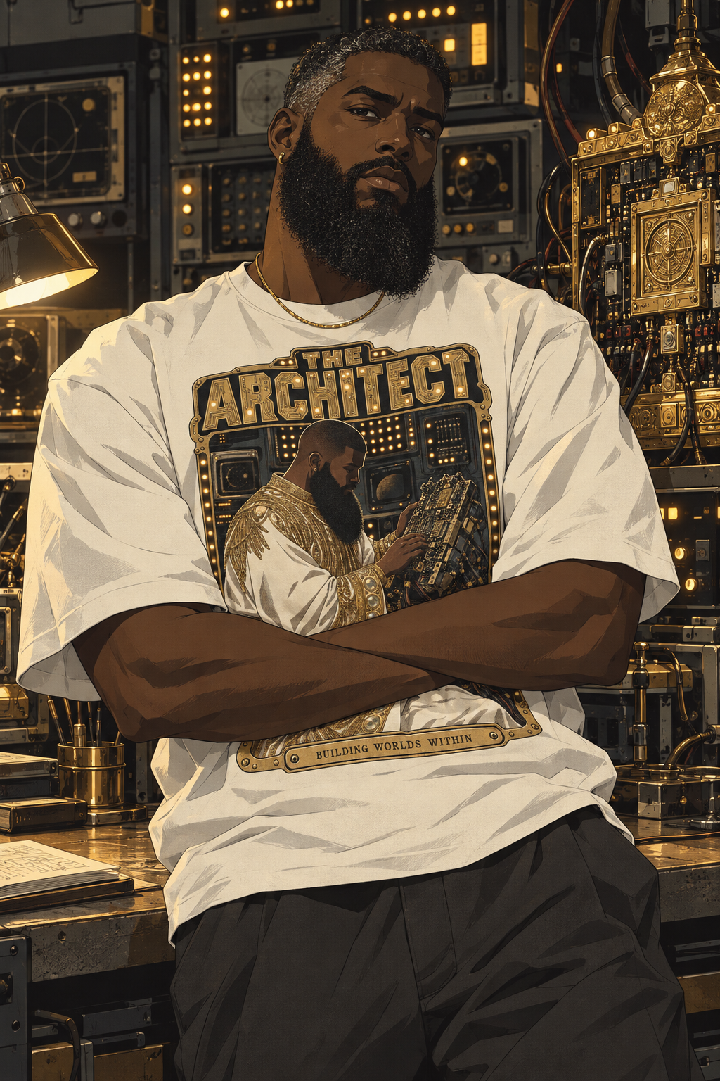 Look 08, The Architect: illustration of a vintage white tee, front print, from the Astralquest Winter 2026 lookbook.
