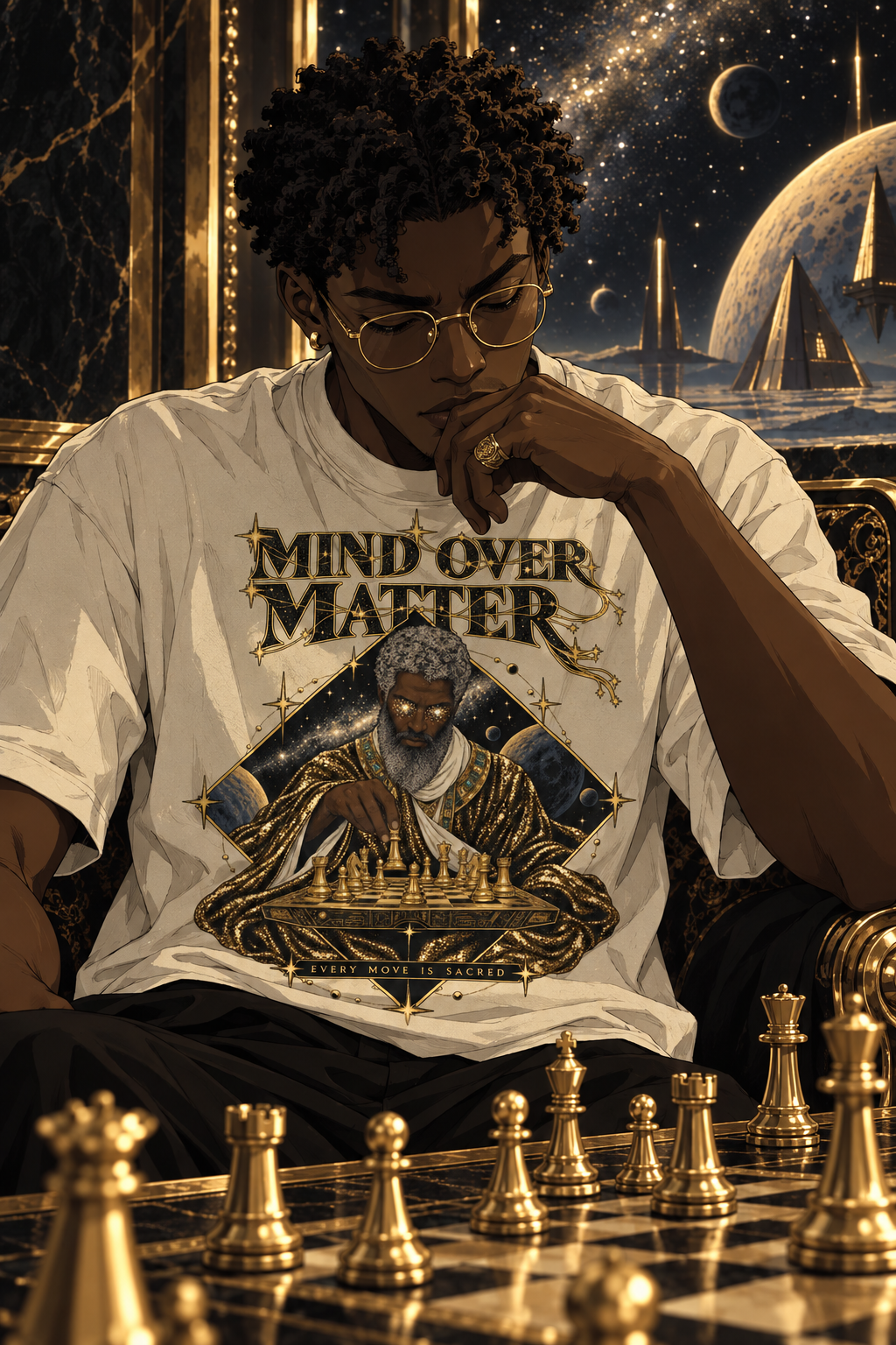 Look 09, Mind Over Matter: illustration of a vintage white tee, front print, from the Astralquest Winter 2026 lookbook.