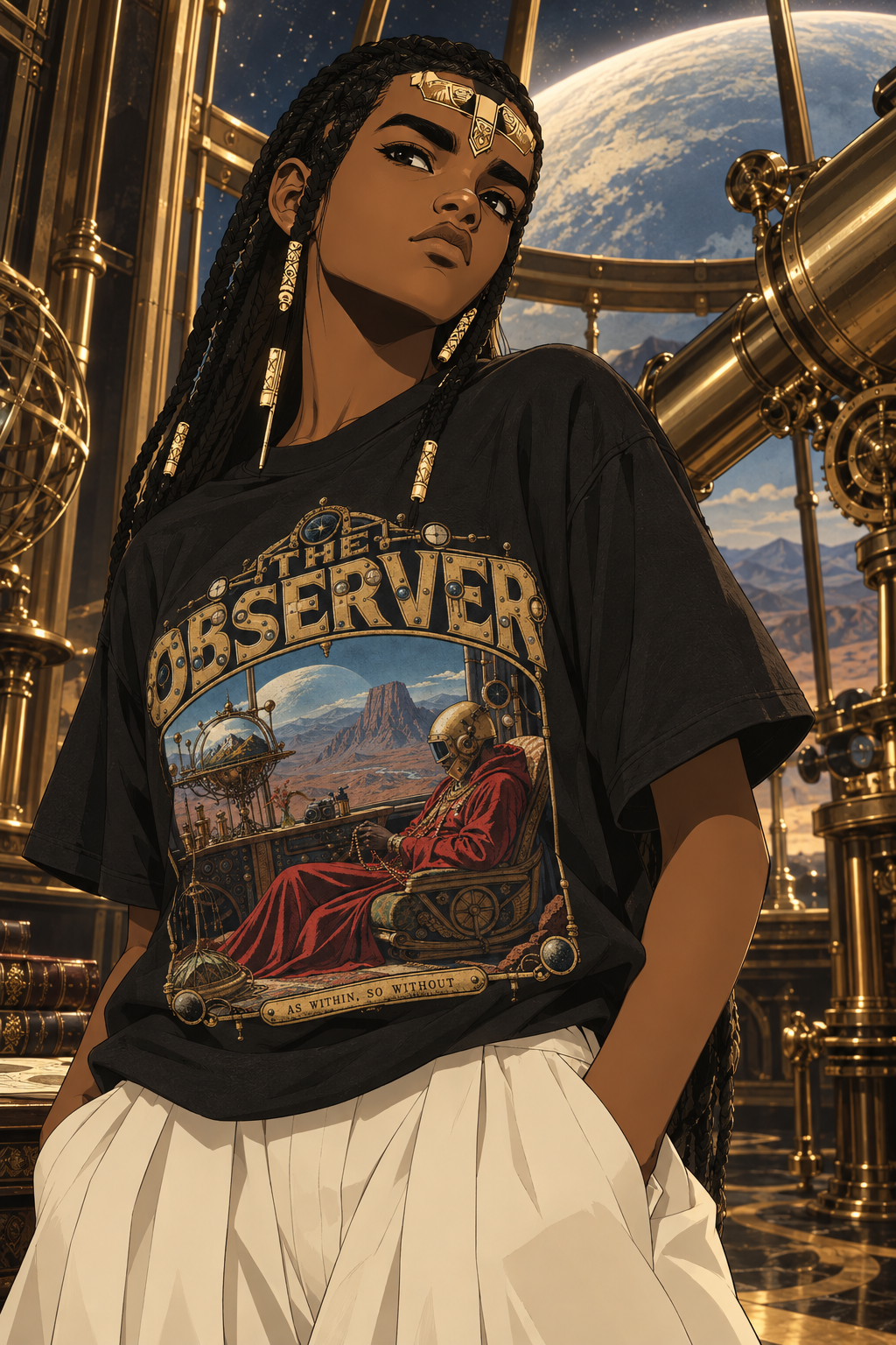 Look 10, The Observer: illustration of a vintage black tee, front print, from the Astralquest Winter 2026 lookbook.