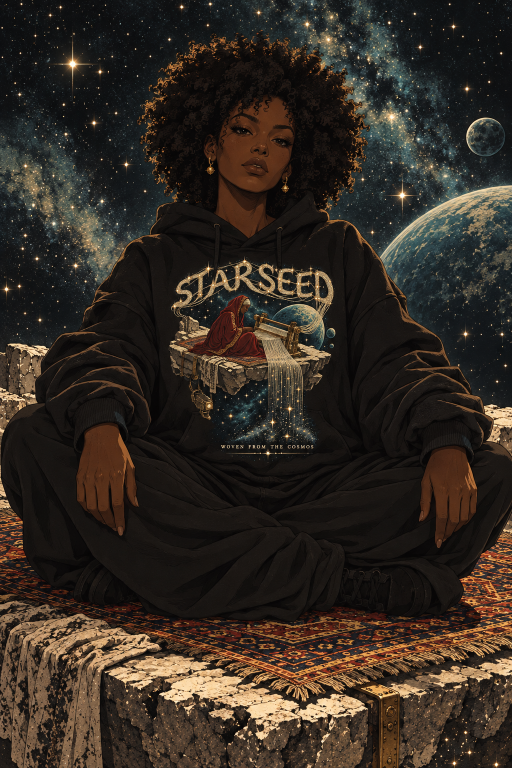 Look 02, Starseed: illustration of a black hoodie, front print, from the Astralquest Winter 2026 lookbook.