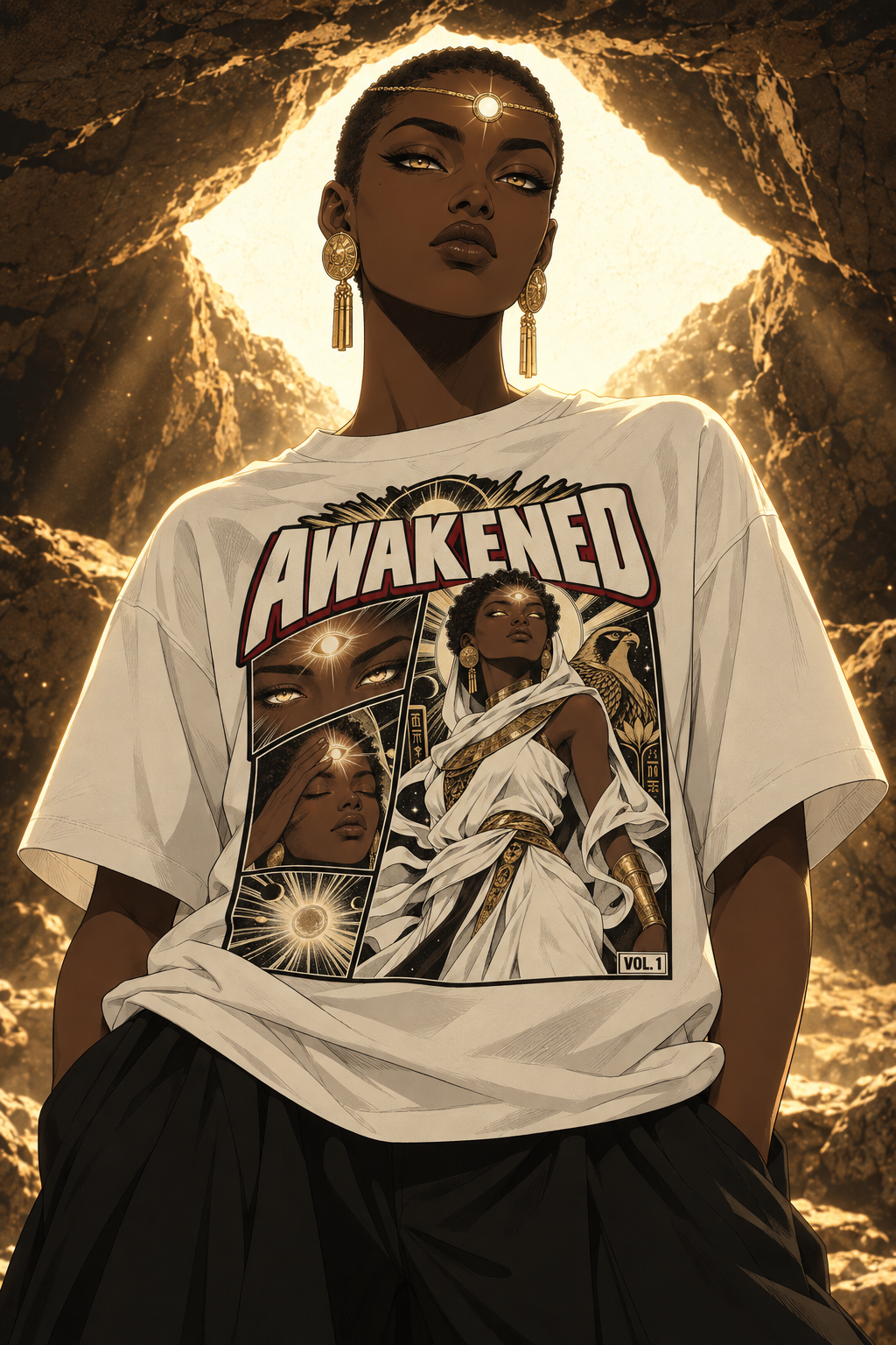 Look 11, Awakened Goddess: illustration of a white tee, front print, from the Astralquest Winter 2026 lookbook.