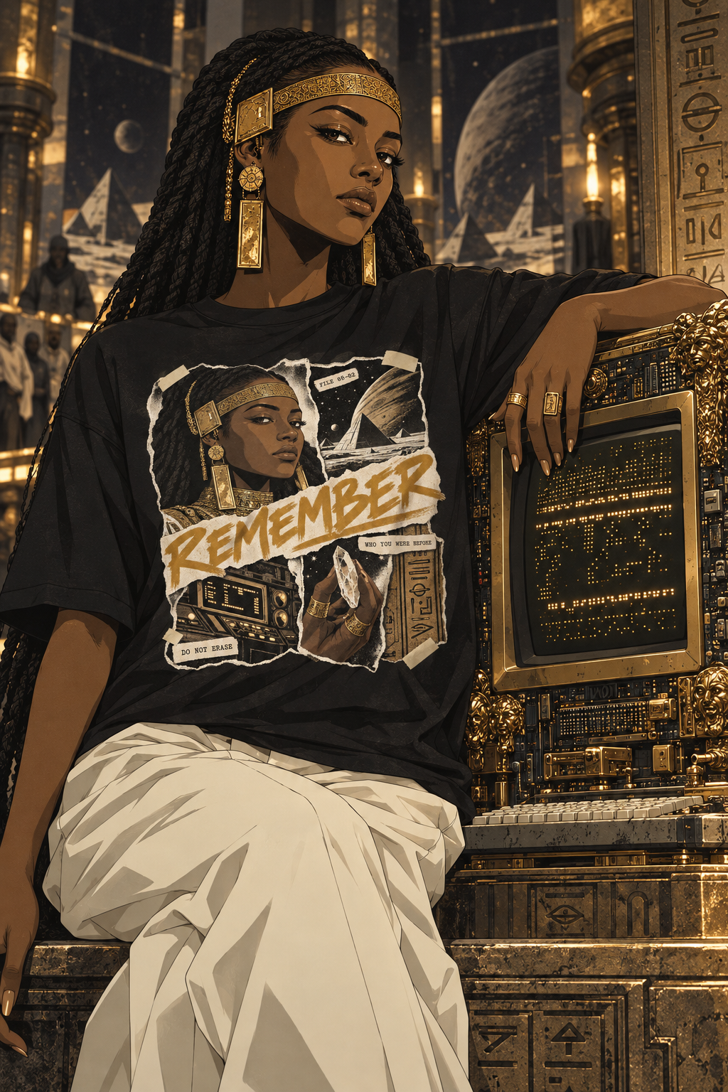 Look 12, Remember: illustration of a black tee, front print, from the Astralquest Winter 2026 lookbook.