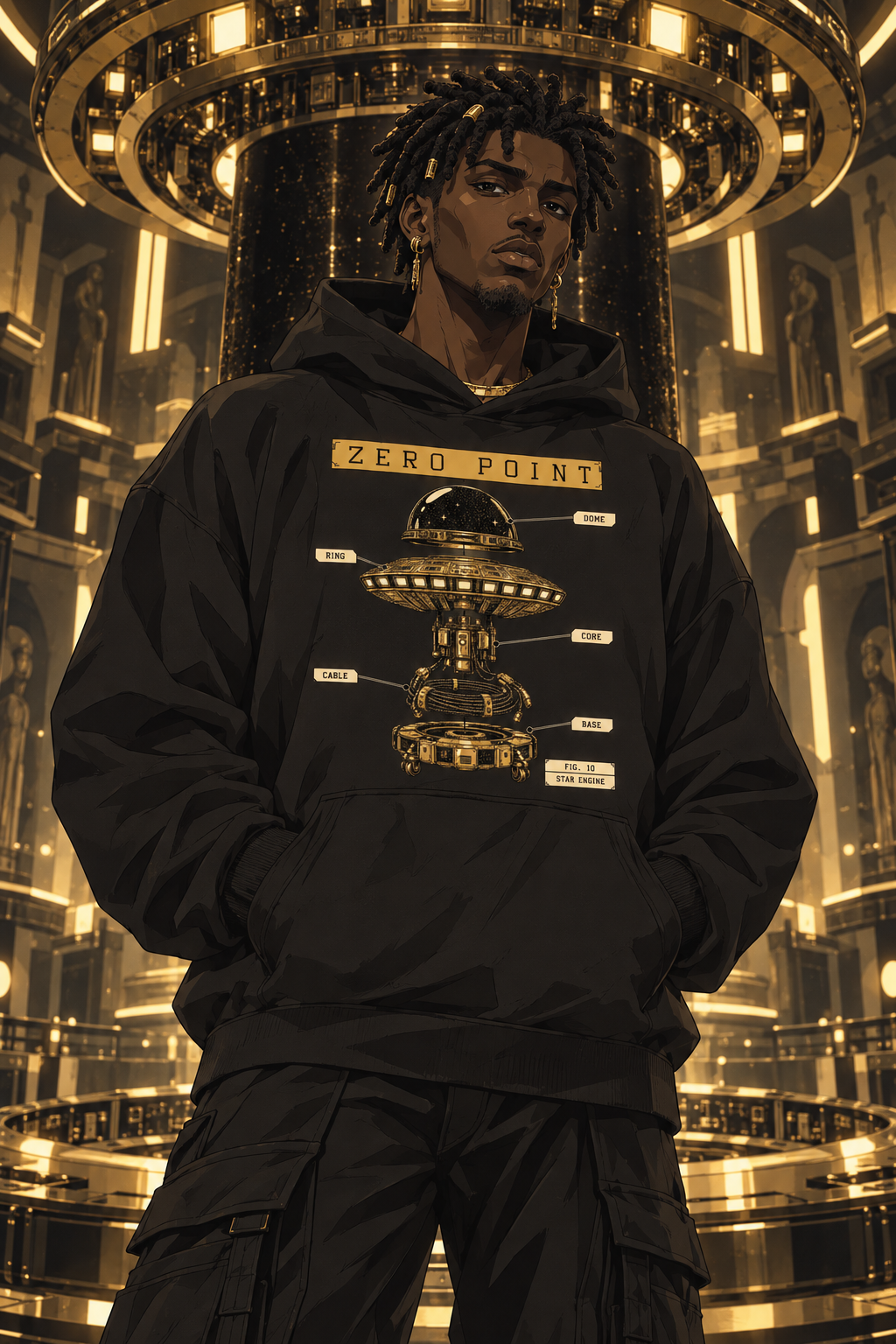 Look 04, Zero Point: illustration of a black hoodie, front print, from the Astralquest Winter 2026 lookbook.