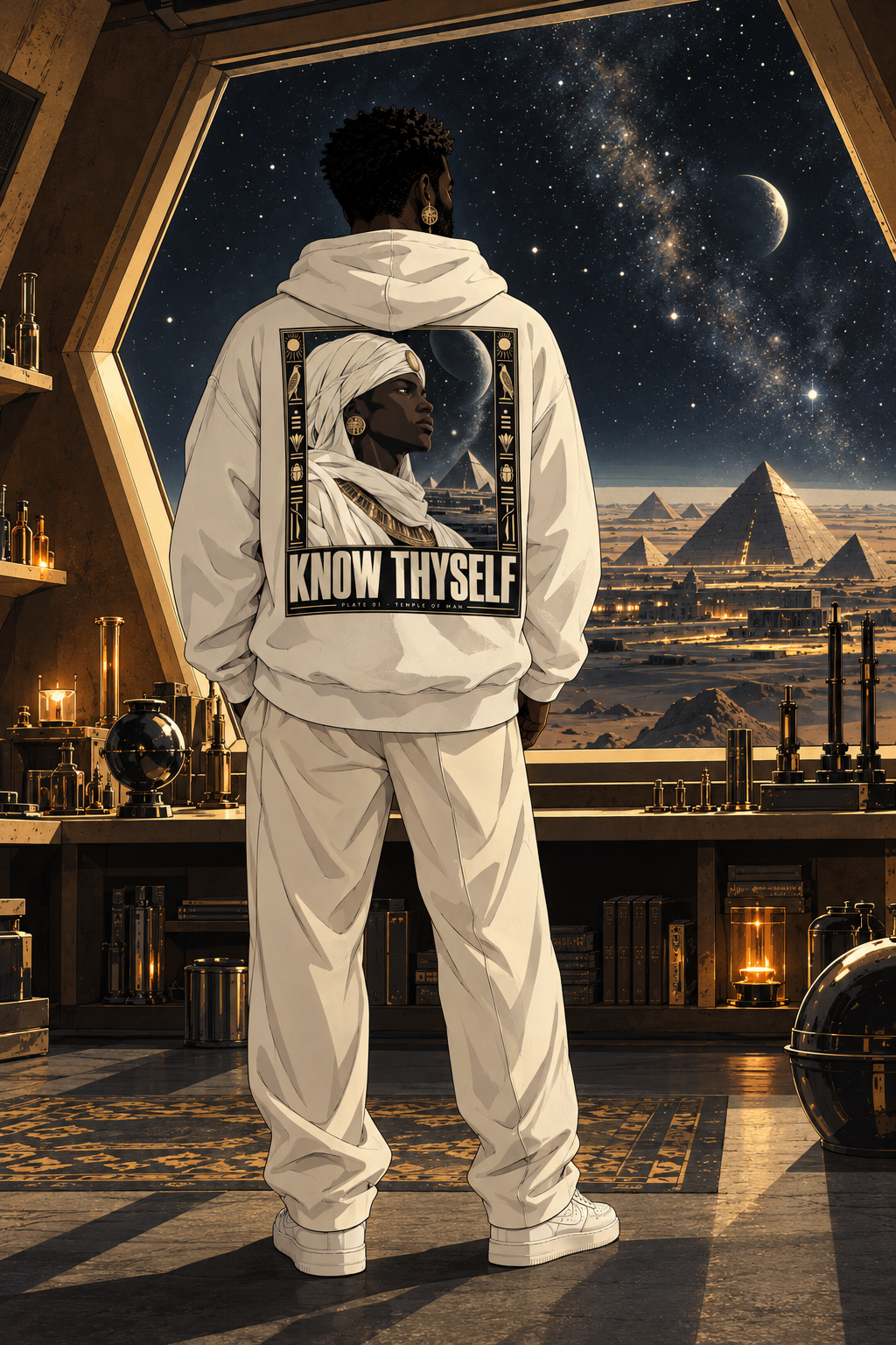 Look 03, Know Thyself Supreme: illustration of a white hoodie, back print, from the Astralquest Winter 2026 lookbook.