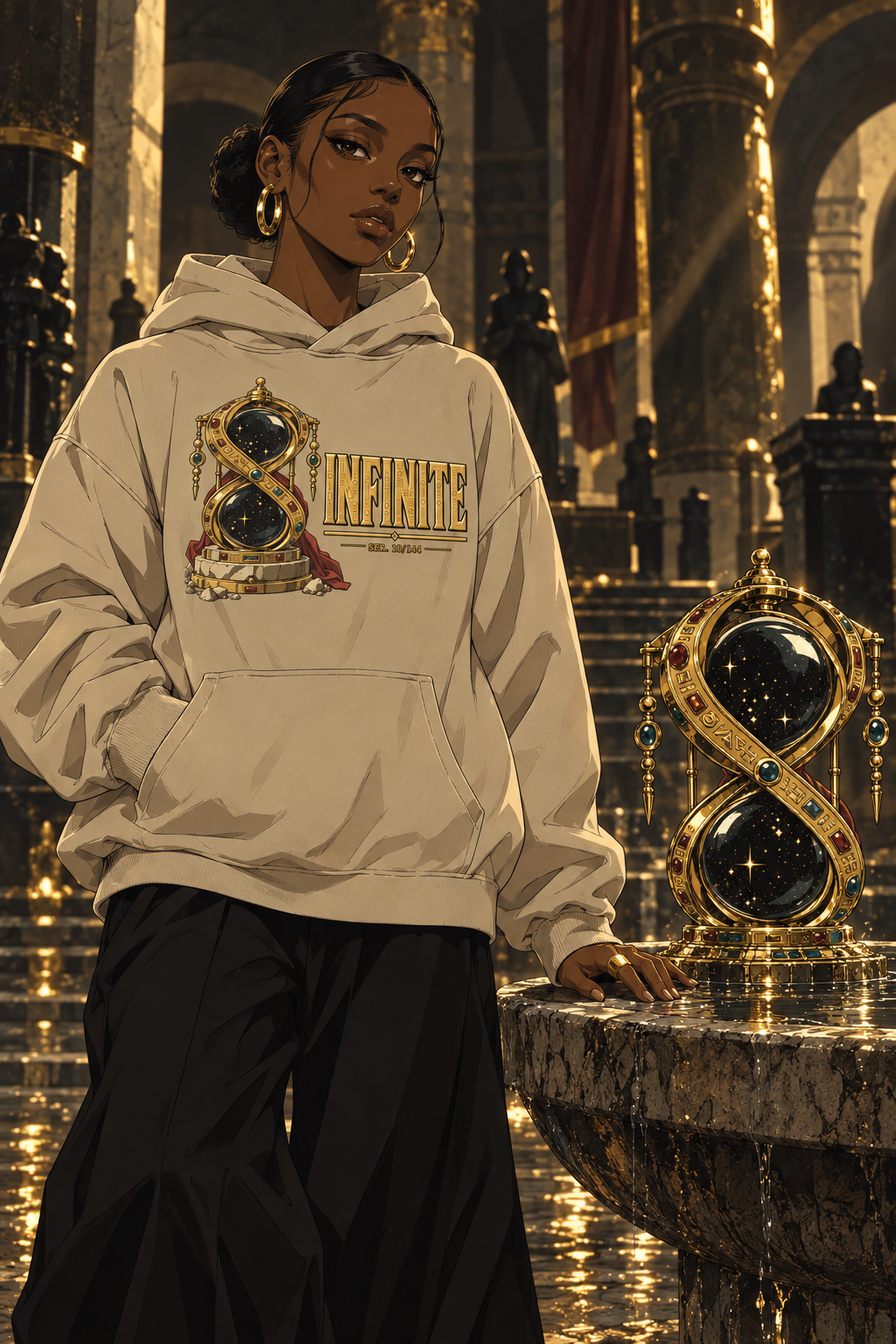 Look 05, Infinite: illustration of a mushroom hoodie, front print, from the Astralquest Winter 2026 lookbook.