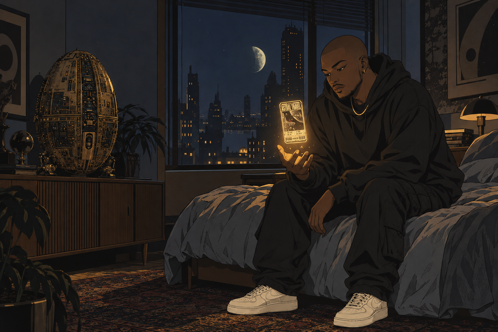 Before dawn in a dark city apartment, the Traveler sits on his bed staring at a glowing ticket floating above his palm.