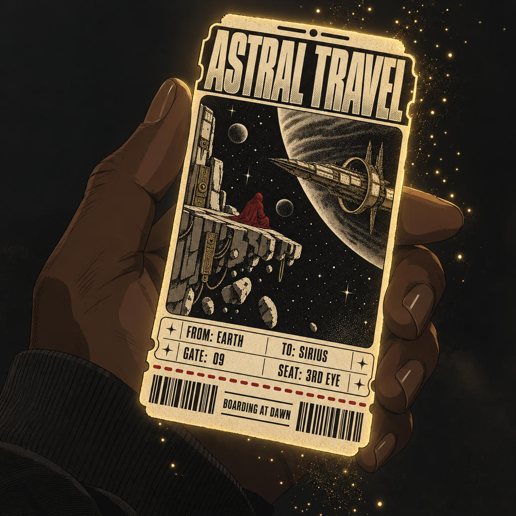 Close-up of the Traveler's hand holding the Astral Travel ticket: from Earth to Sirius, seat third eye, boarding at dawn.
