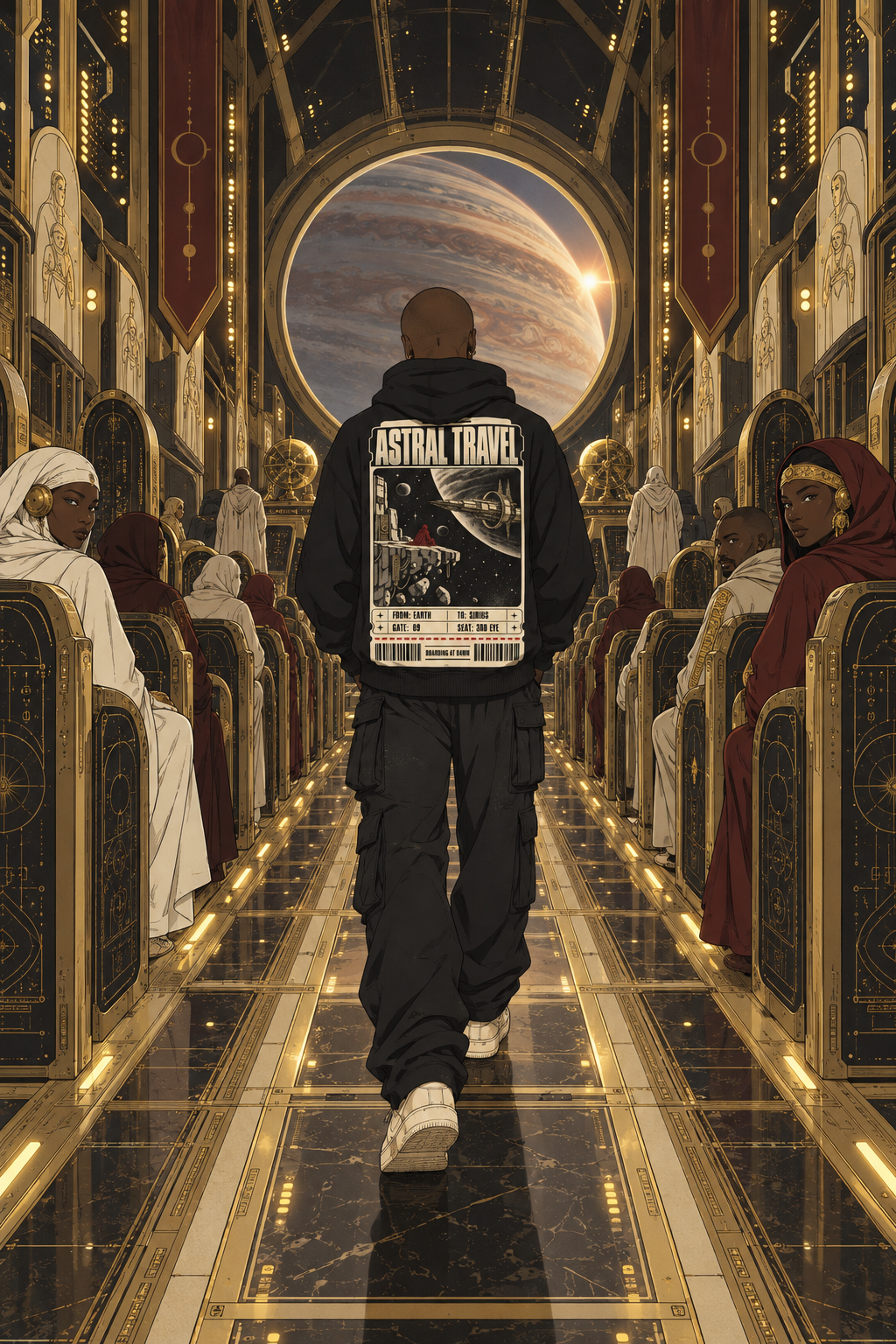 The Traveler walks down a gilded starship corridor toward a porthole and a storm-banded planet, the Astral Travel ticket printed on the back of his black hoodie.