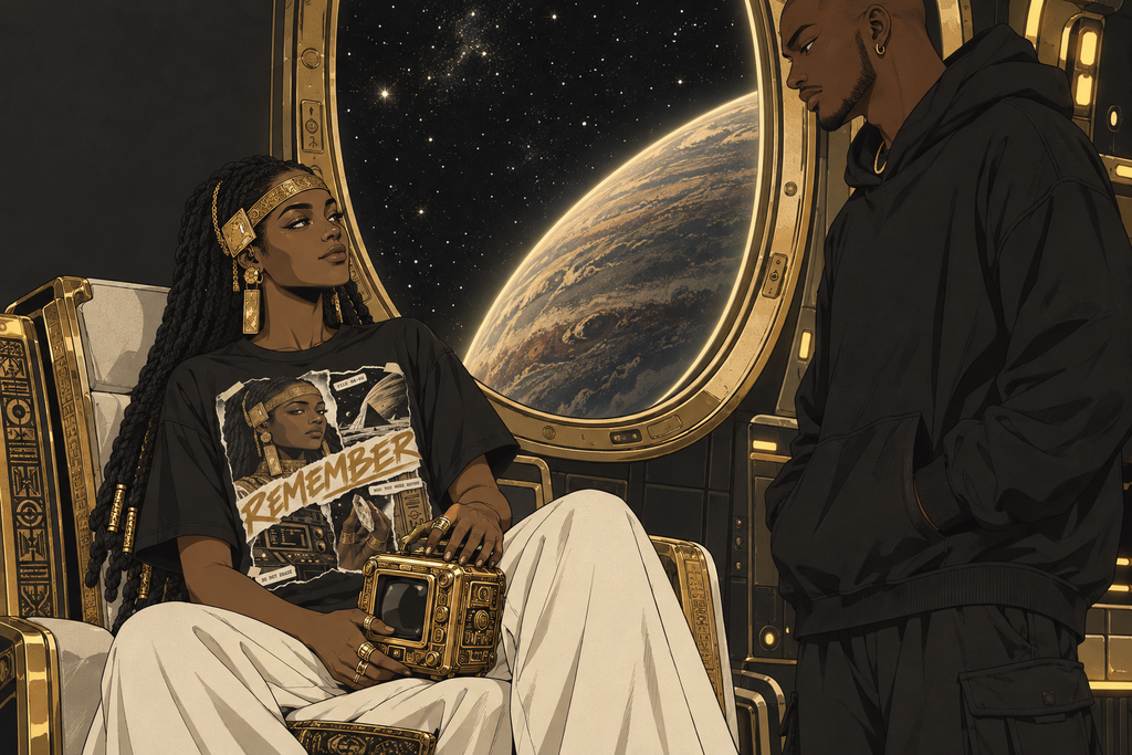 The Archivist, in a black Remember tee, sits by a porthole with a gilded reliquary on her knees and looks up at the Traveler.