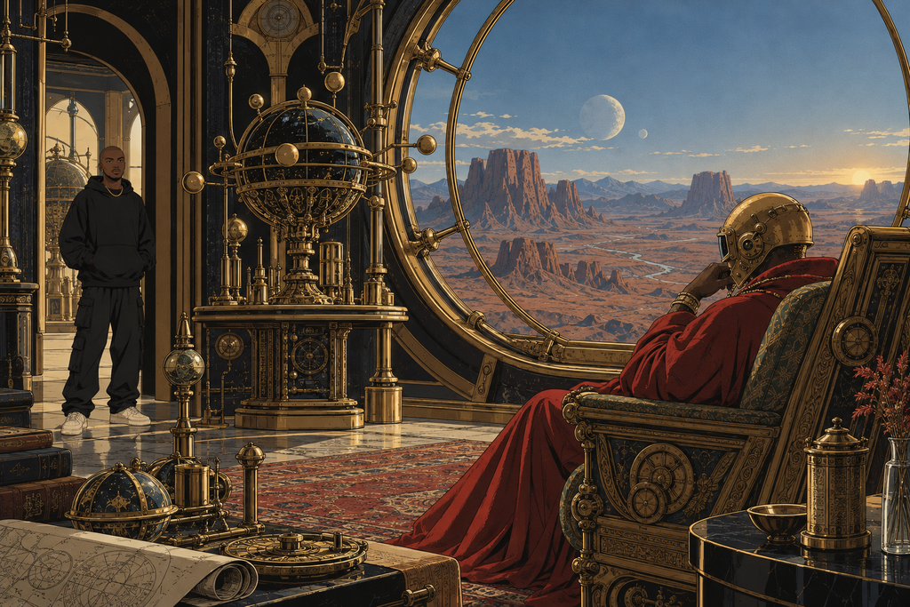 Station One, the Observatory: the golden-helmed Observer sits before a vast window onto desert mesas while the Traveler steps in.