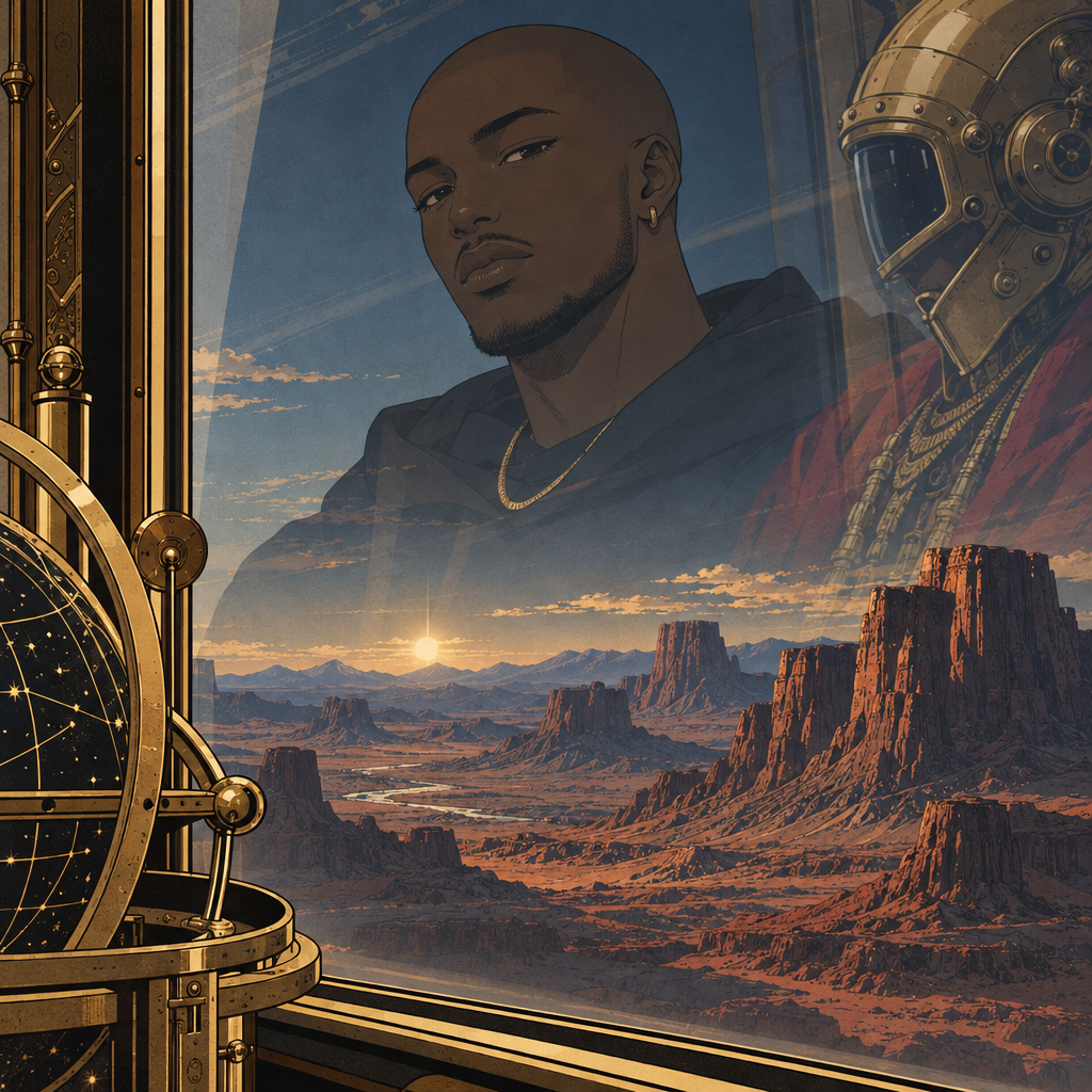 The Traveler's face reflected in the observatory glass over the desert, the landscape seeming to live inside him.