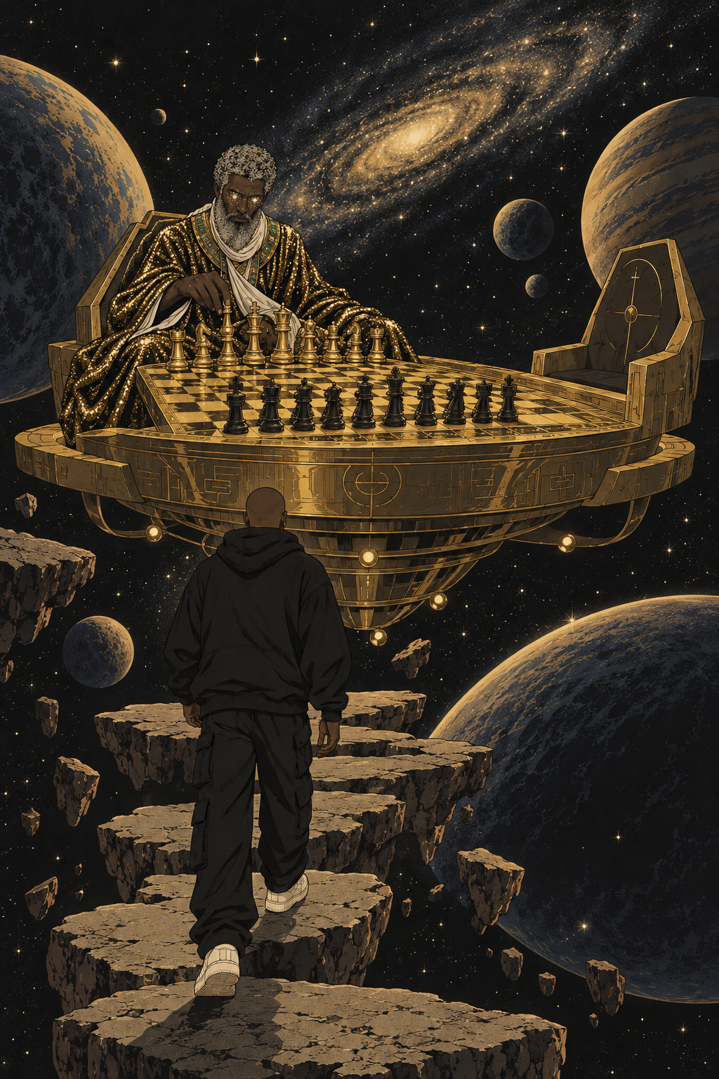 Station Two, the Board: the starlit-eyed Elder waits at a golden chessboard floating in space as the Traveler approaches.