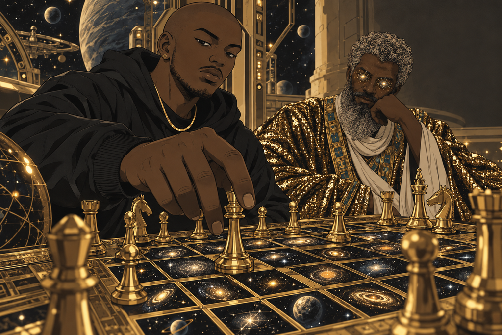 The Traveler moves a gold chess piece on a board of tiny star systems while the Elder watches.