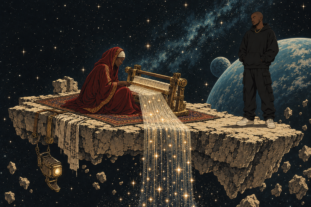 Station Three, the Loom: the Starseed weaves threads of starlight off the edge of a floating stone while the Traveler watches.