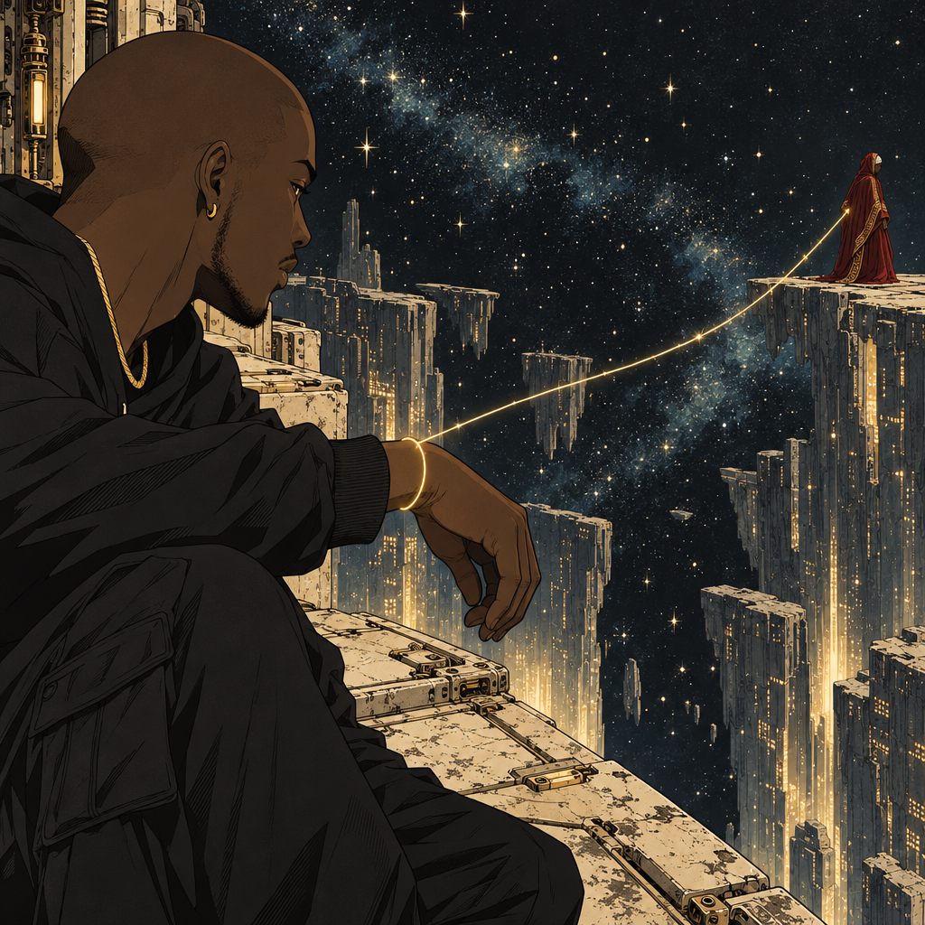 A gold thread of starlight wraps the Traveler’s wrist and leads far away to a tiny figure in a red cloak.