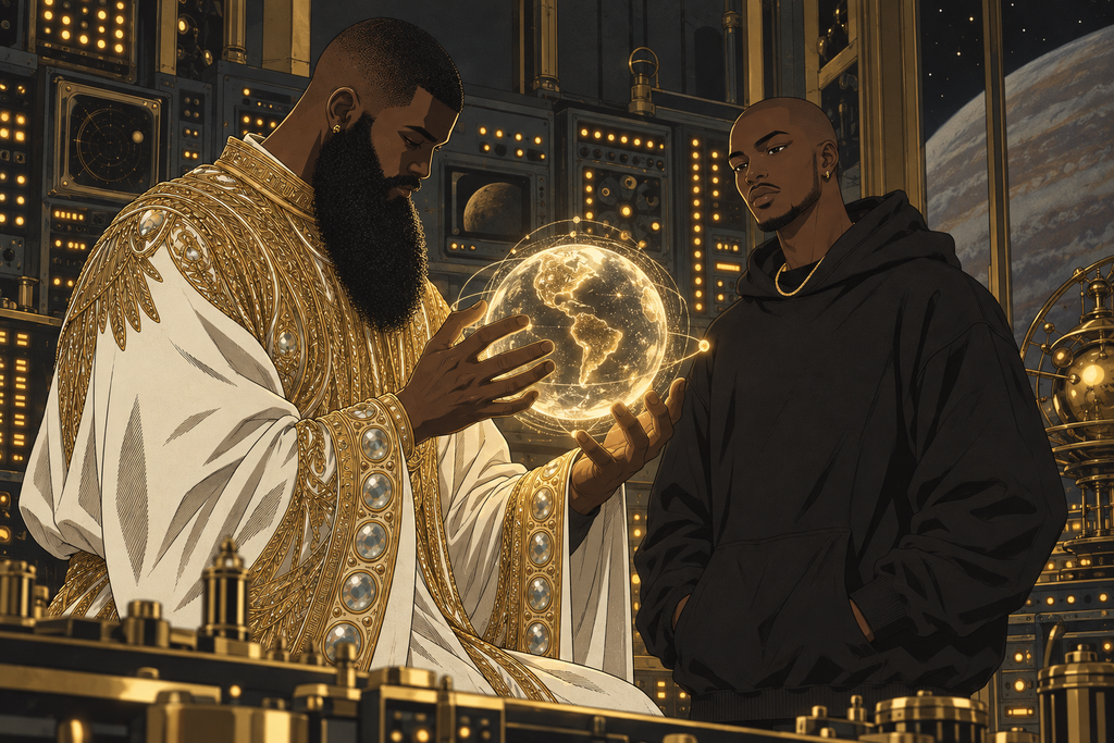 Station Four, the Engine: the Architect holds a small glowing world between his hands as the Traveler watches.