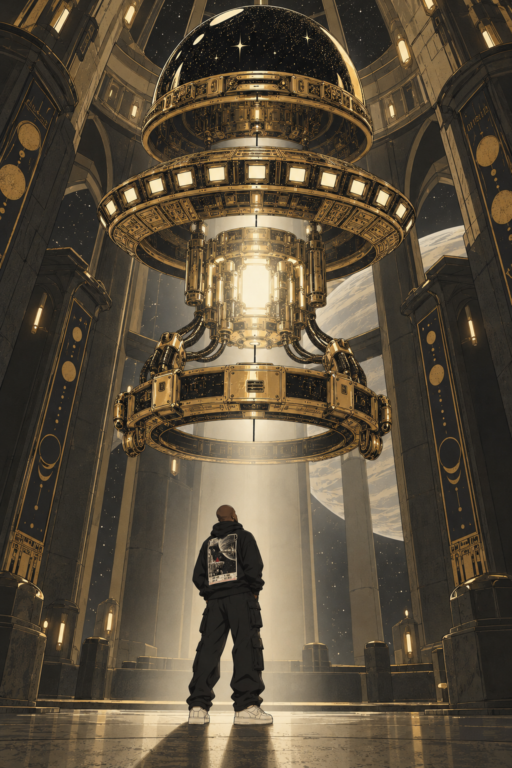 The Zero Point star engine hangs open in a brass chamber, its rings floating apart, above the small figure of the Traveler.