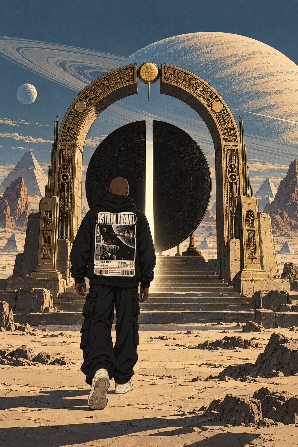 The Traveler walks toward a gilded arch in the desert whose dark monolith parts onto light, under a giant ringed planet.