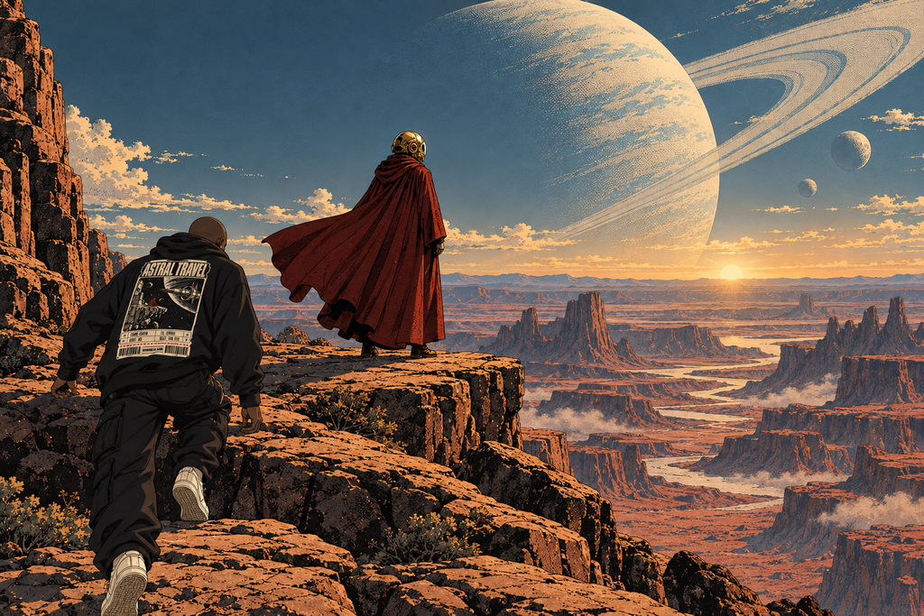 At dawn on a canyon edge under a giant ringed planet, a figure in a red cloak and golden helm waits as the Traveler climbs up behind him.