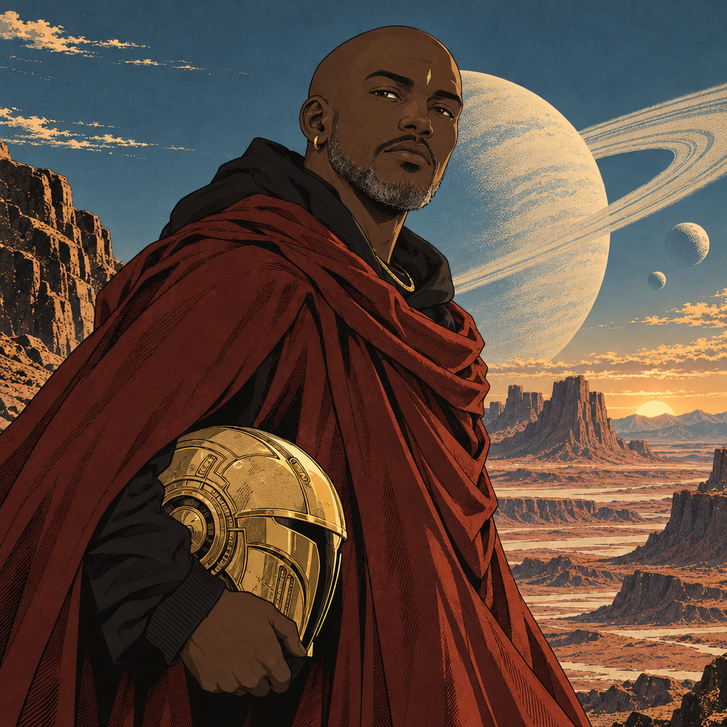 The red-cloaked wanderer turns, golden helm under his arm: he has the Traveler’s own face, older and calm.