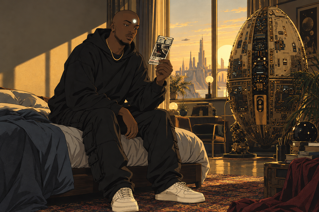 At sunrise in his apartment, the Traveler sits up holding the punched ticket, a faint light on his forehead; a red cloak lies on the floor.