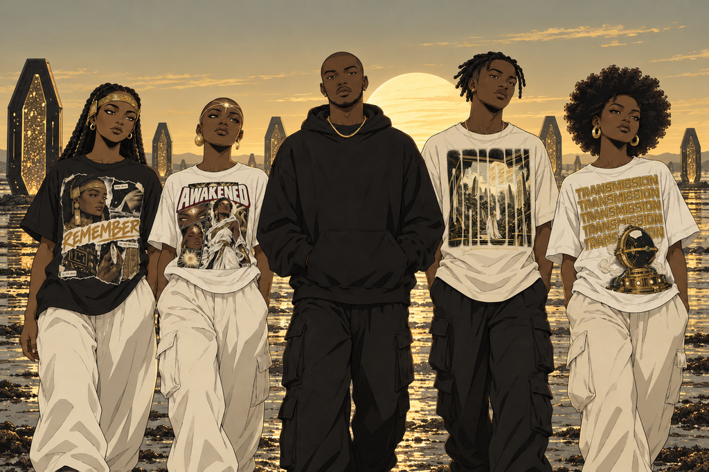 Five Questers walk across glittering tidal flats at dawn in Astralwear: Remember, Awakened, the Astral Travel hoodie, Origin and Transmission.
