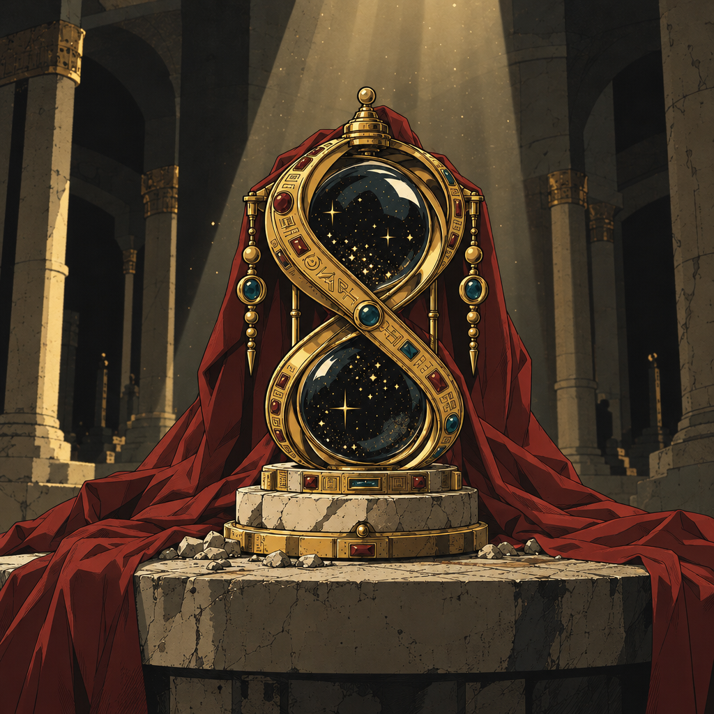In a dark sanctuary, the gilded Infinite engine stands on an altar under a draped red cloak.